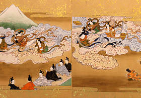 『竹取物語貼交屏風』のうち、「天人の迎え、かぐや姫の昇天」 立教大学図書館
